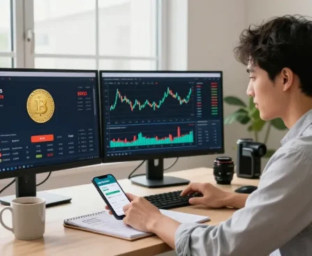 Buy BRICS coins in a modern home office with cryptocurrency dashboards.