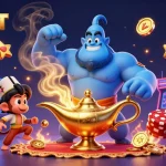 Experience the magic of TOPBET with a vibrant casino-themed scene featuring a magical genie.