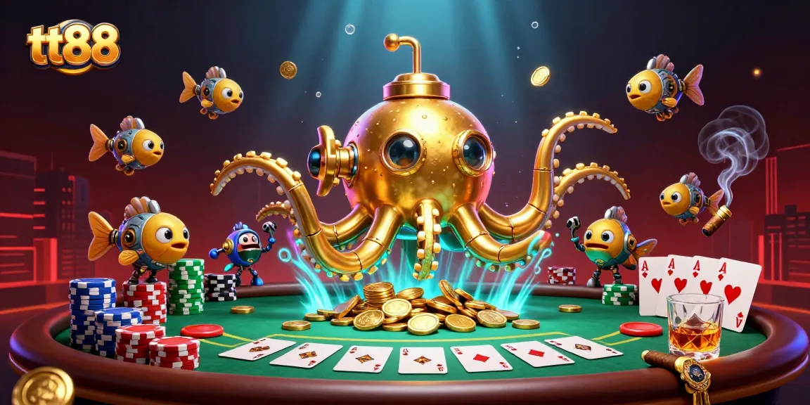 tt88 reveals a vibrant casino scene featuring a golden kraken submarine amidst poker chips and community cards.