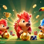 Nohu pangolins in a vibrant, 3D casino setting, rolling golden balls among poker chips and slots.