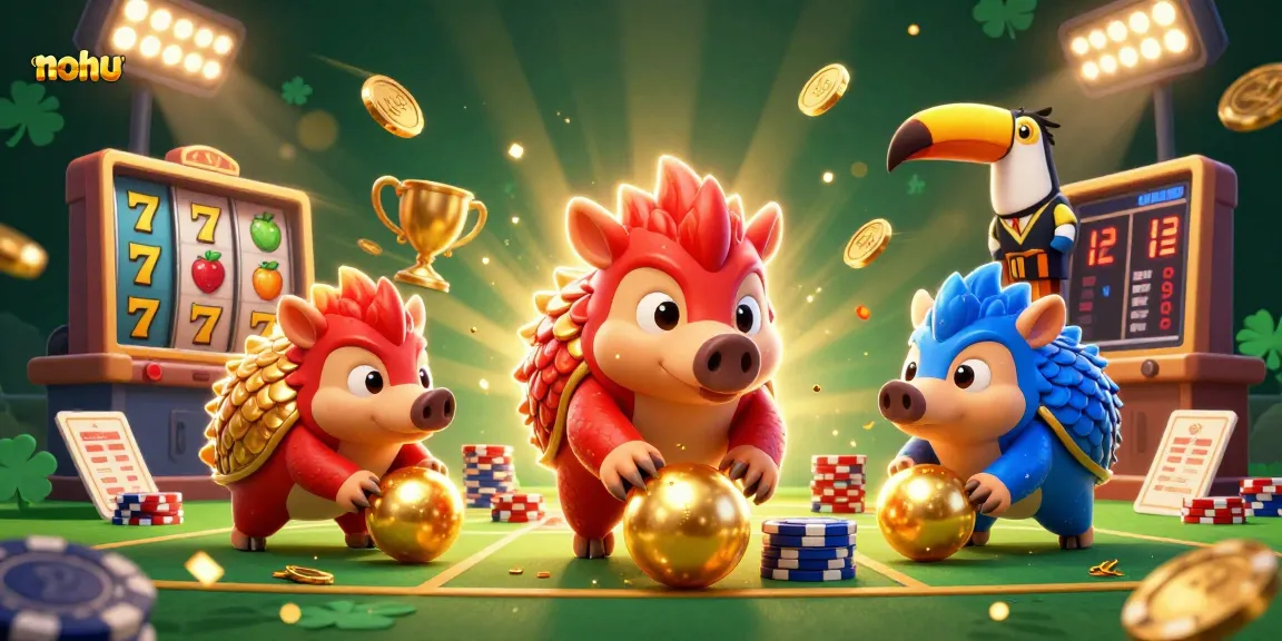 Nohu pangolins in a vibrant, 3D casino setting, rolling golden balls among poker chips and slots.