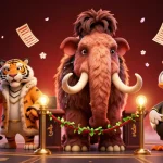 Xem bóng đá in a vibrant casino scene with a mammoth bouncer, saber-tooth VIP, and dynamic betting elements.
