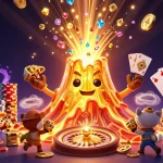 Experience the excitement at dabet88 with a victorious golden volcano amidst treasures and casino elements.