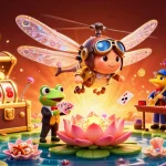 Engage in thrilling gameplay at gg88's vibrant lily pad casino with captivating characters and elements.