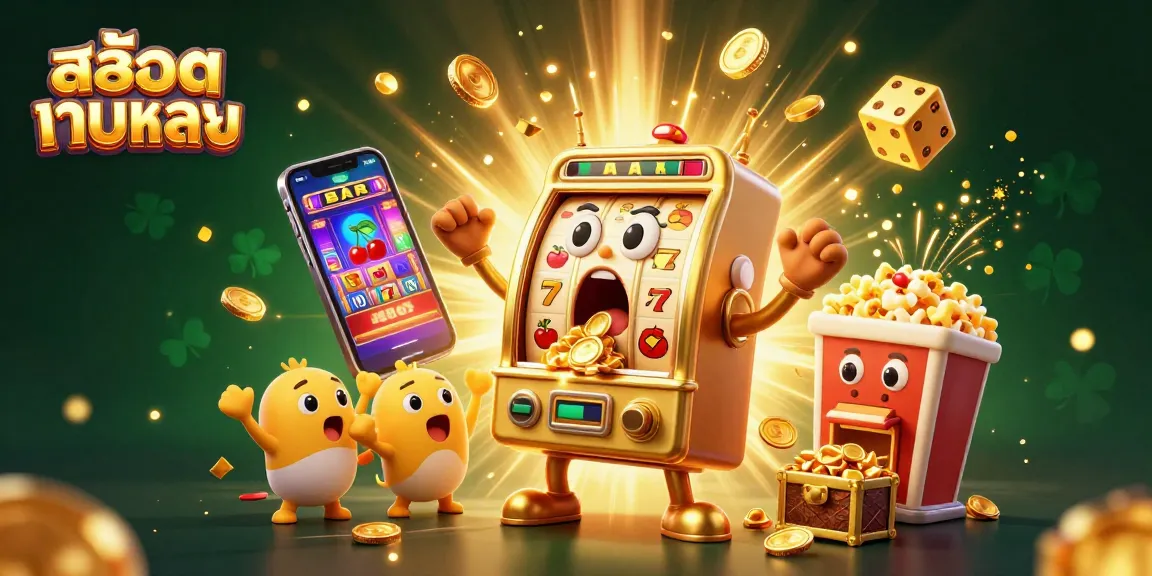 Experience the excitement of สล็อตเว็บตรง with a lively golden slot machine hitting the jackpot as coins pour out.