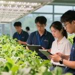 CIKA4D team designing modern indoor agriculture solutions with high-tech systems and vibrant plants.