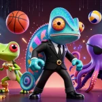 Engage with 888B's thrilling betting scene featuring colorful characters and dynamic sports elements.