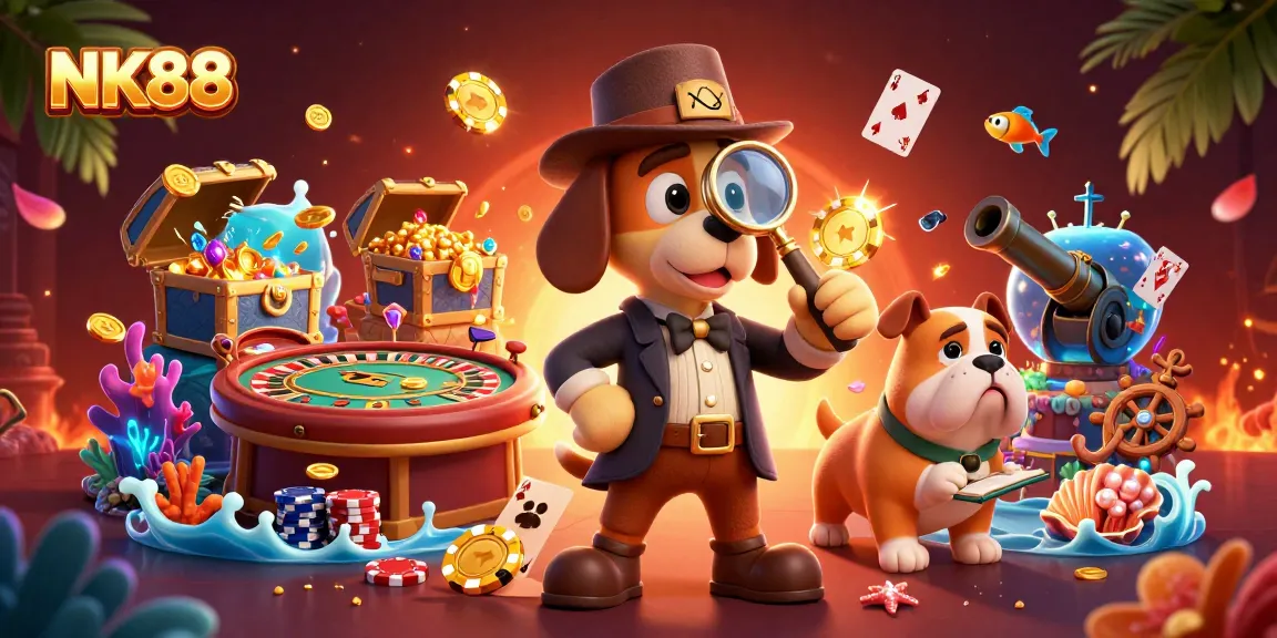 Engage with thrilling NK88 casino adventures, featuring a detective uncovering poker chip clues.