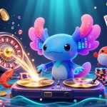 Engage with alo8's exhilarating casino experience featuring a neon DJ and vibrant game elements.