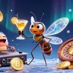 Experience excitement at GO99 with a vibrant casino scene featuring unique characters and crypto elements.