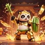 PHTAYA showcases a golden panda in mech-suit battling in a vibrant, interactive gambling arena with lively elements.