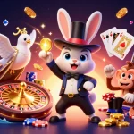 Engaging gamblers with EE88's exciting 3D illustration of a magician rabbit, colorful chips, and sparkling casino elements.