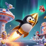 Play exciting slots with 789win, where a golden penguin launches into action at a vibrant casino station.