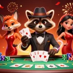 Experience thrilling poker action with Shbet as the suave raccoon showcases a royal flush at the lavish casino table.
