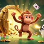 Engage with da886's thrilling haunted casino featuring a mischievous monkey and ghost-hunting puppy in an action-packed scene.