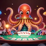 Experience excitement at ao88 with a colossal kraken, diving cat, and vibrant poker game scene.