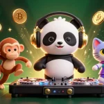 Engage with 777x, a vibrant gambling scene featuring a DJ panda, dancing monkey, and glow-stick kitten.