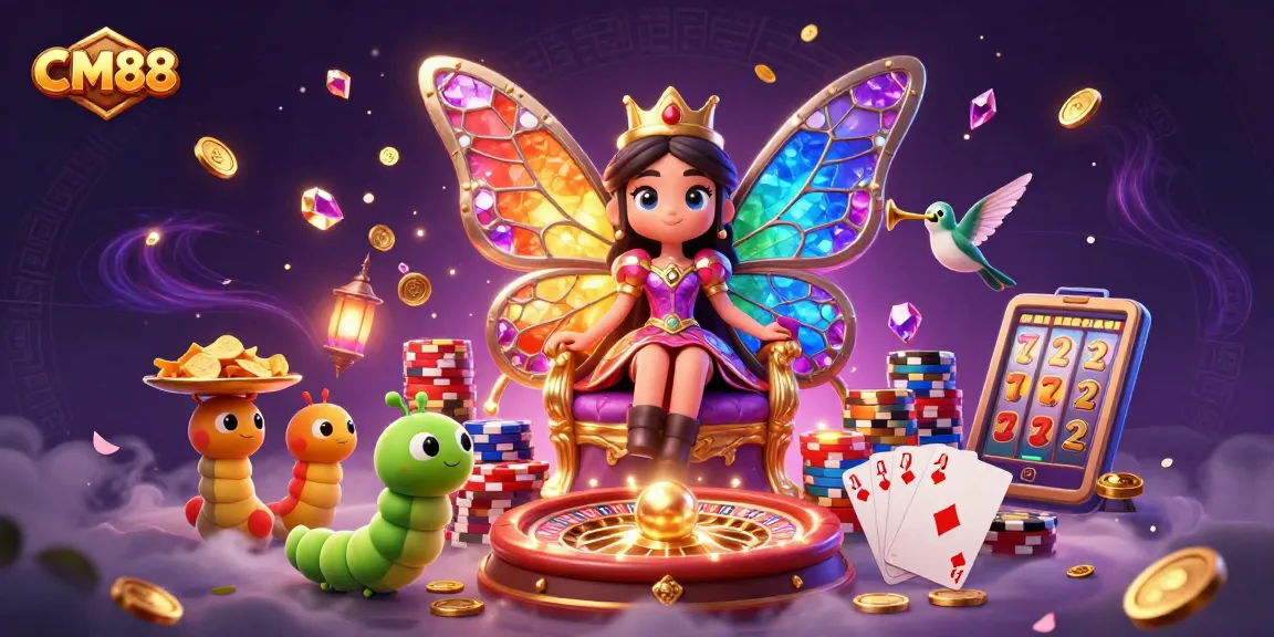 CM88 showcases a vibrant casino scene with a butterfly queen, golden chips, and a spinning roulette wheel.