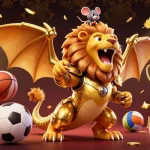Experience the excitement of fly88888888 as a triumphant chimera creature roars amidst dynamic sports action and golden coins.