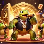 Experience thrilling winning moments with Debet in this vibrant casino scene featuring a snapping turtle and enforcers.