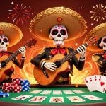 Experience the excitement of lu88 with a colorful 3D mariachi band at a vibrant poker scene.