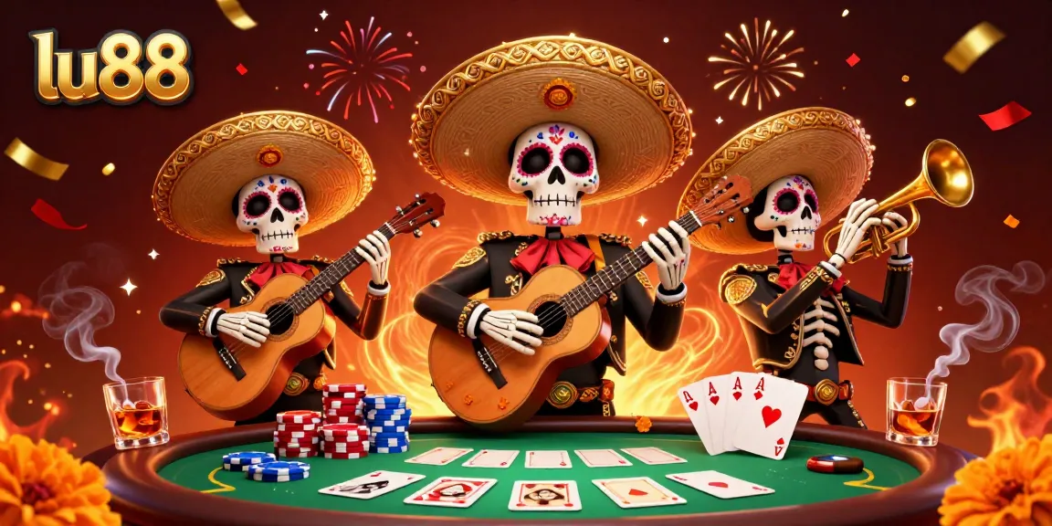 Experience the excitement of lu88 with a colorful 3D mariachi band at a vibrant poker scene.
