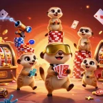 TT88 meerkats running a casino operation with vibrant slot elements and playful dynamics in a colorful ocean setting.