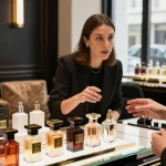 Fragrance display featuring perfume samples and decants in a luxurious boutique setting