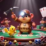 FIVE88 captures a treasure hunter mole in a vibrant casino setting, showcasing poker chips and community cards.