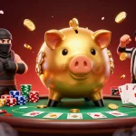 Experience thrilling moments with tai go 88 as the golden piggy bank sumo wrestler unleashes golden coins in a packed casino scene.