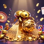Experience excitement at fly888 with golden beetles rolling coins and casino elements.