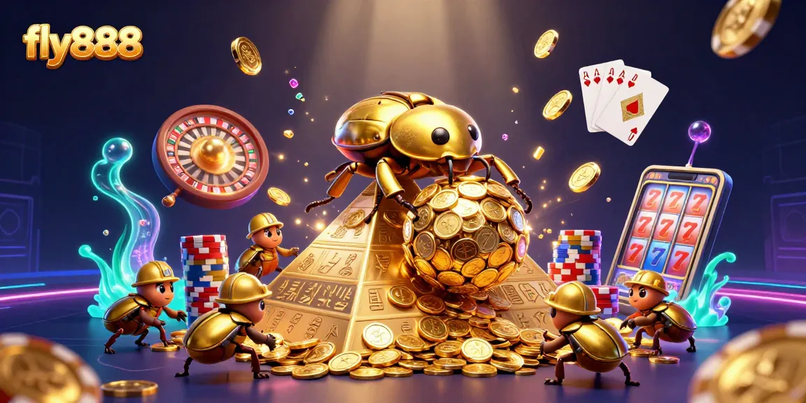 Experience excitement at fly888 with golden beetles rolling coins and casino elements.