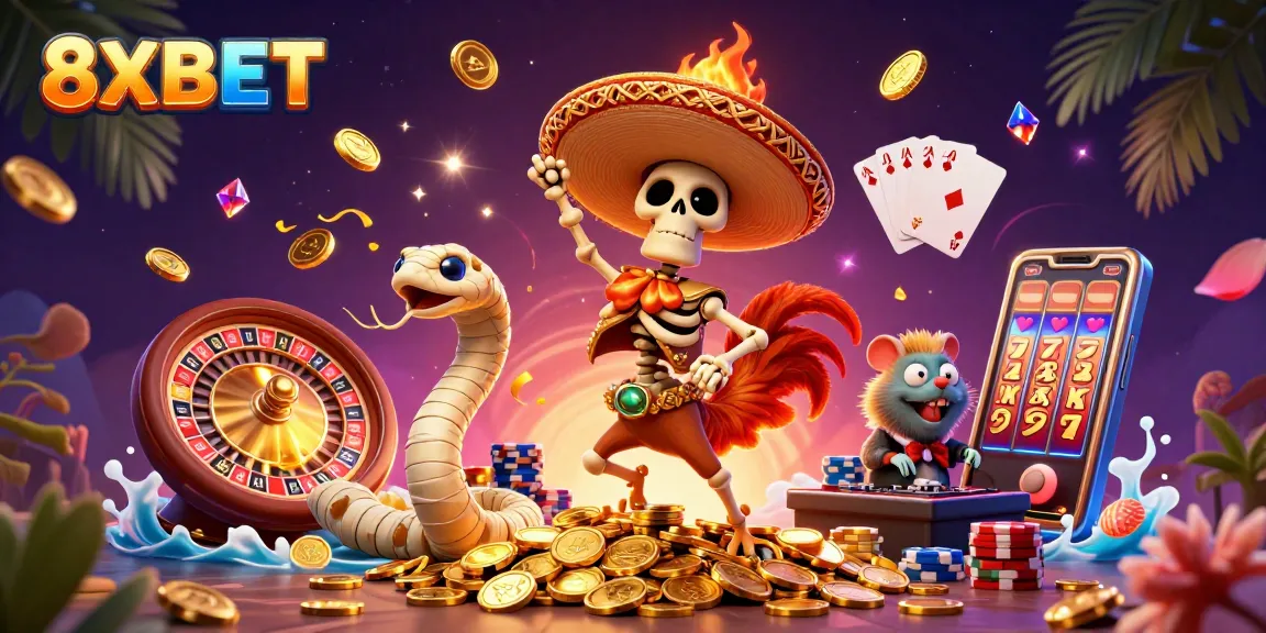 8XBET launches an exciting gaming experience featuring a colorful 3D victory scene with dynamic casino elements.