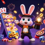 Experience excitement with cakhia link as a cartoony rabbit conjures coins amidst vibrant gambling icons.