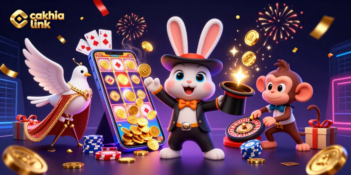 Experience excitement with cakhia link as a cartoony rabbit conjures coins amidst vibrant gambling icons.