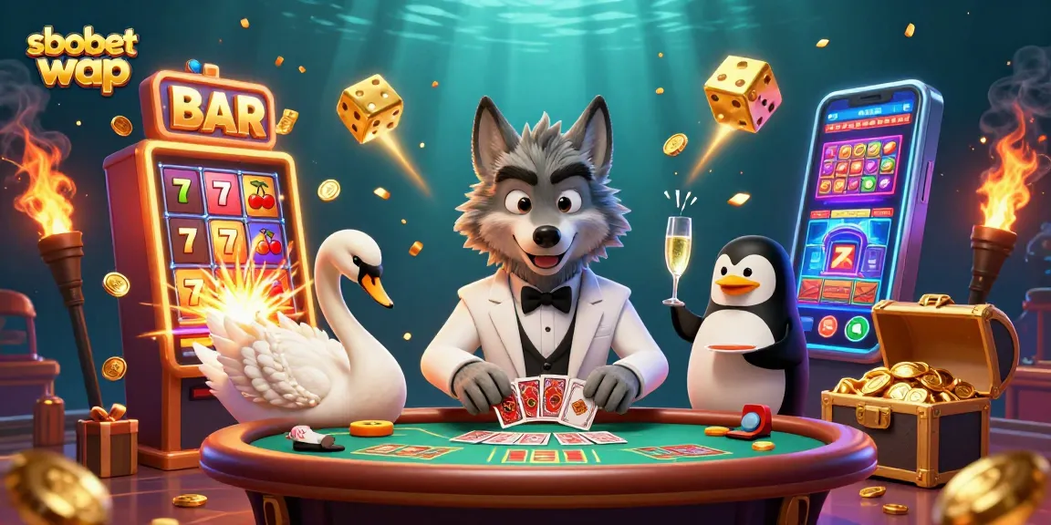 Experience sbobet wap with a vibrant casino scene featuring a debonair wolf, elegant swan, and charming penguin.