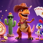 LUCKYWIN showcases an exciting 3D illustration featuring a cowboy dinosaur, golden coins, and vibrant casino elements.