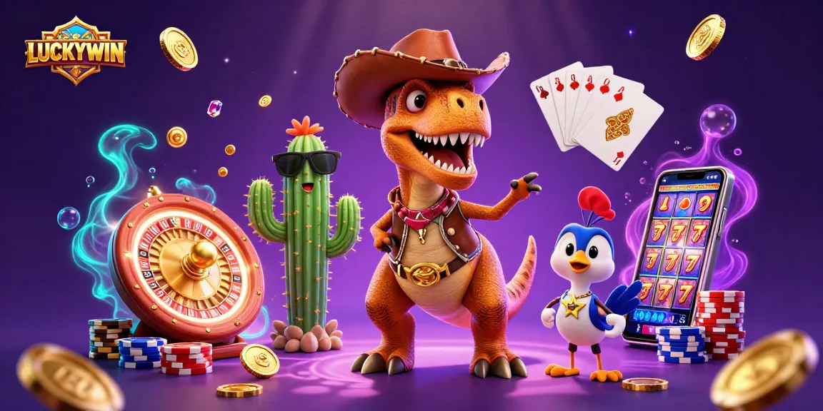 LUCKYWIN showcases an exciting 3D illustration featuring a cowboy dinosaur, golden coins, and vibrant casino elements.