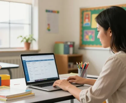 Teacher utilizing the EMStudio online teacher planner to organize lessons and classroom management activities amidst a vibrant educational environment.