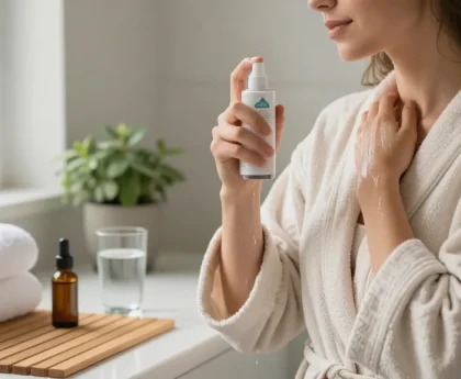 Woman applying Magnesium Body Spray in a serene bathroom setting for wellness.
