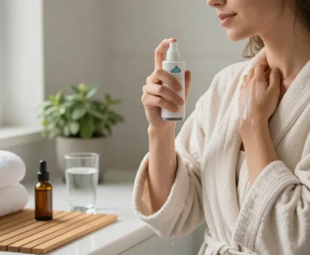 Woman applying Magnesium Body Spray in a serene bathroom setting for wellness.