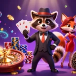 Experience the excitement of MAN88 with a raccoon in a pinstripe suit and friends showcasing a royal flush.
