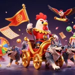 E2WIN offers thrilling gameplay with a dynamic scene featuring a rooster warlord, golden war chariot, and lottery excitement.
