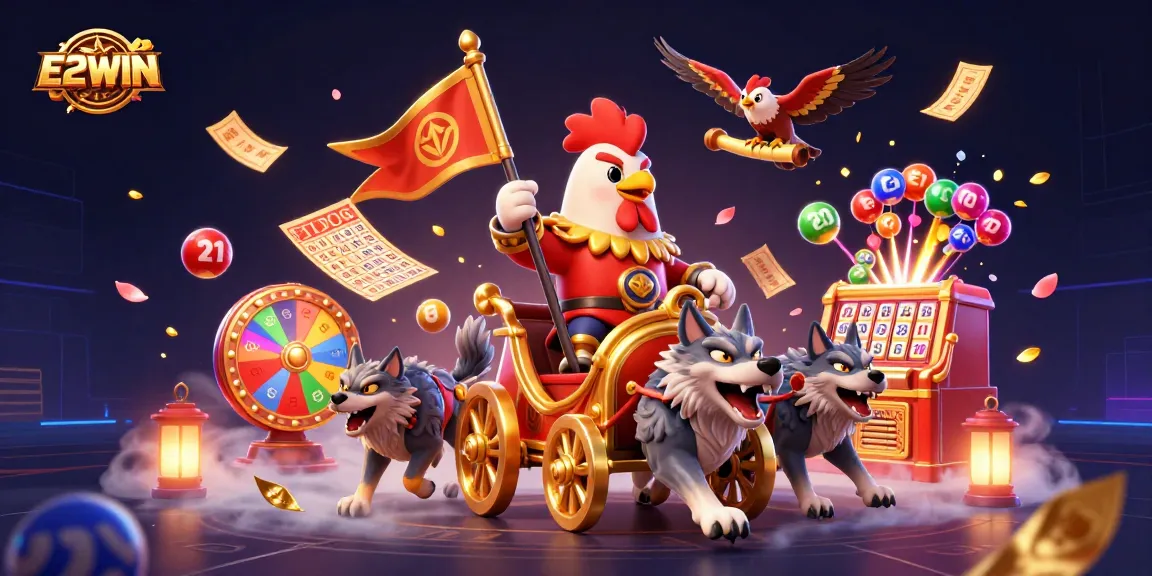 E2WIN offers thrilling gameplay with a dynamic scene featuring a rooster warlord, golden war chariot, and lottery excitement.
