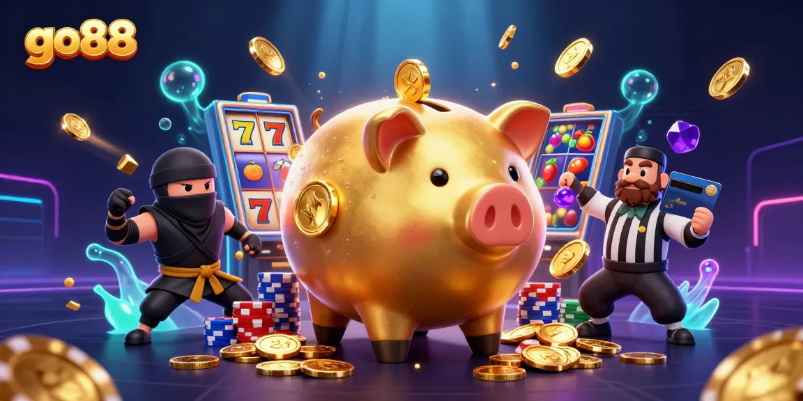 Engage with go88's dynamic casino adventure featuring a golden piggy bank sumo wrestler amidst slot machines and vibrant chips.