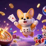 Play slots and gamble with ao883 in a vibrant casino scene with floating coins and cards.
