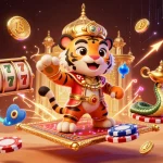 Experience the excitement of EE88 with vibrant animated characters and slots in a rich casino-themed scene.
