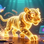 Bet on mb88 with a dynamic scene showcasing a golden tiger and neon coins in a digital casino.