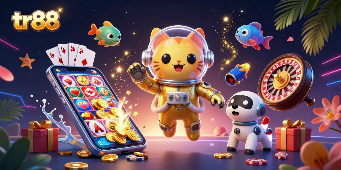 tr88 elevates gaming excitement with a vibrant 3D space scene filled with colorful slot gaming elements.