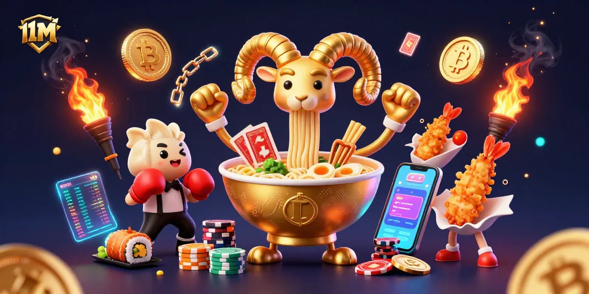 Play with 11M in an epic casino scene featuring a golden ramen bowl and dynamic crypto elements.